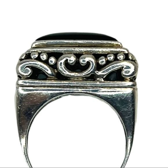 925 Thailand Silver Filigree Square Statement Ring with Black Onyx Cabochon Sz 9 - Picture 9 of 13